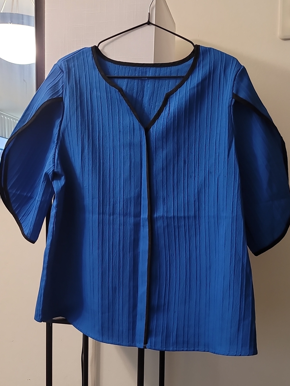 Blue Women's Pleated Blouse with Black Trim